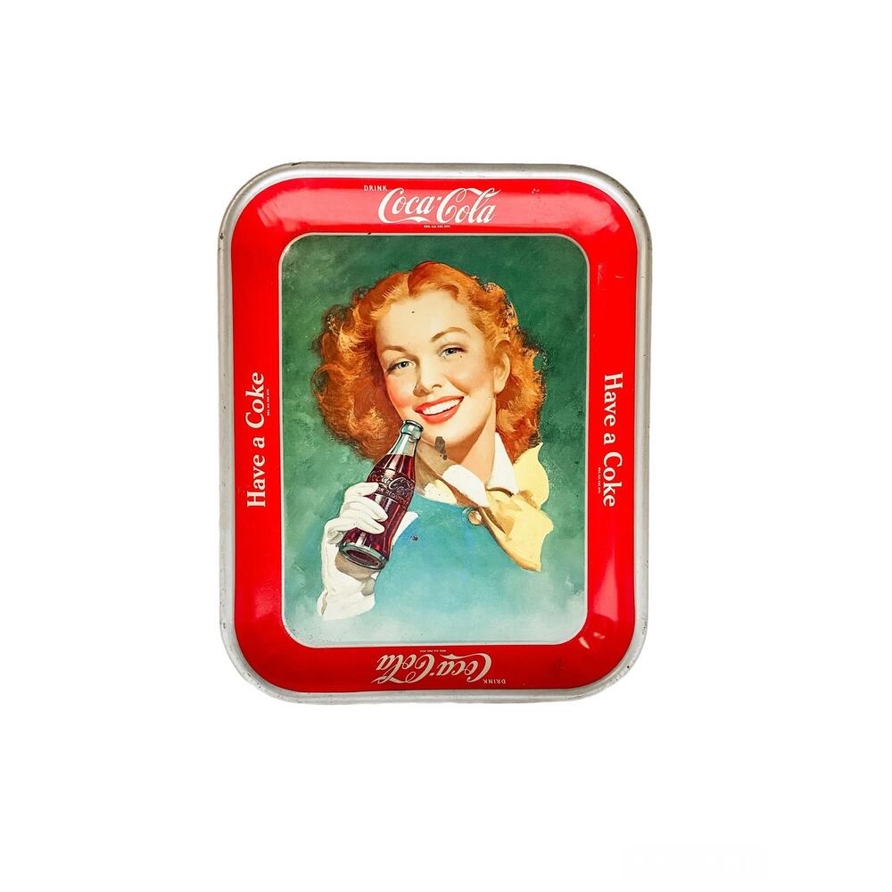 Vintage 1948 Original Coca Cola Red Head w/ Yellow Scarf Advertising Tin Tray